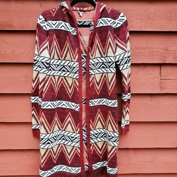 Open front hooded sweater cardigan fringe hem south western Sz Medium M - Picture 2 of 8